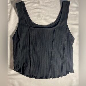 Black ribbed crop top with ruffled trim